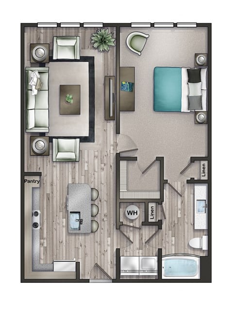 Floor plan for 1 bed, 1 bath, 850 sqft
